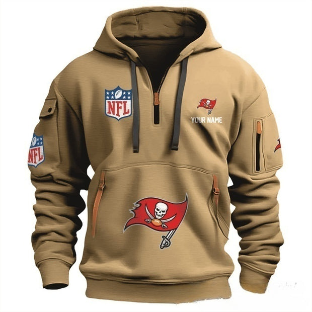 Men's casual sports multi-zipper pocket pullover hooded sweatshirt with print youthful fashion autumn and winter