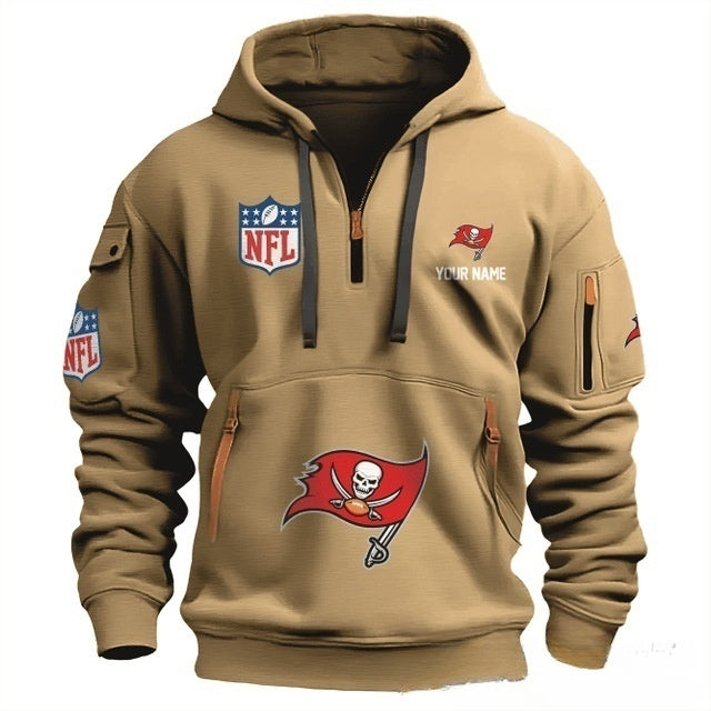 Men's casual sports multi-zipper pocket pullover hooded sweatshirt with print youthful fashion autumn and winter