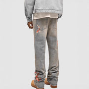 Men's Denim Straight Leg Jeans  Street Fashion INS Elastic Patchwork Denim Straight Leg Pants