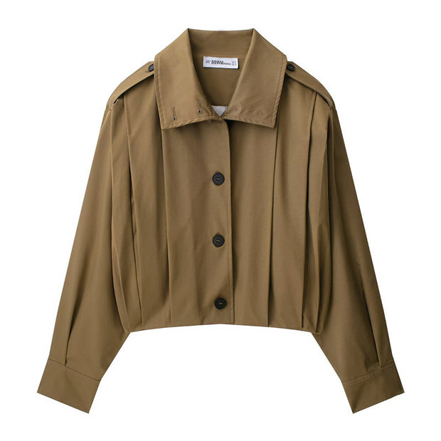 Elegant  Style Women's Fashion Casual Loose Long Sleeve Short Length Pleated Jacket