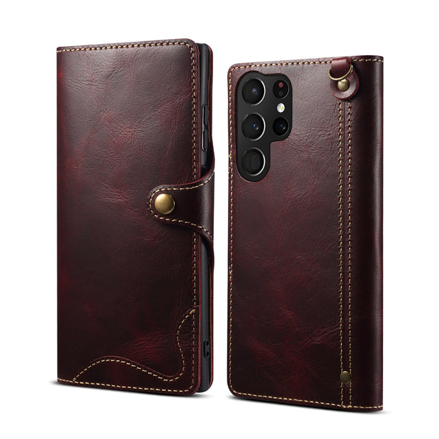 Samsung S22 Retro Leather Leather Case S24Ultra Phone Case Flip Cover S10+Card Insertion Leather Case Comes with Hand Rope