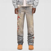 Men's Denim Straight Leg Jeans  Street Fashion INS Elastic Patchwork Denim Straight Leg Pants