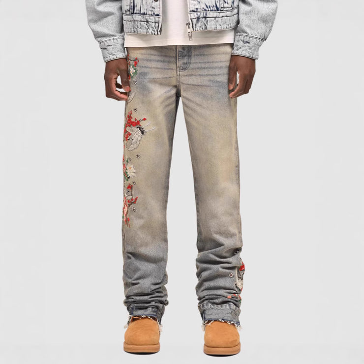 Men's Denim Straight Leg Jeans  Street Fashion INS Elastic Patchwork Denim Straight Leg Pants