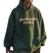 Dark green fleece-lined hooded sweatshirt with casual style and printed text, perfect for unisex fashion.