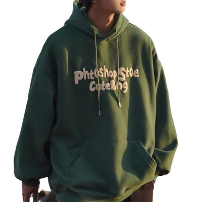 Dark green fleece-lined hooded sweatshirt with casual style and printed text, perfect for unisex fashion.