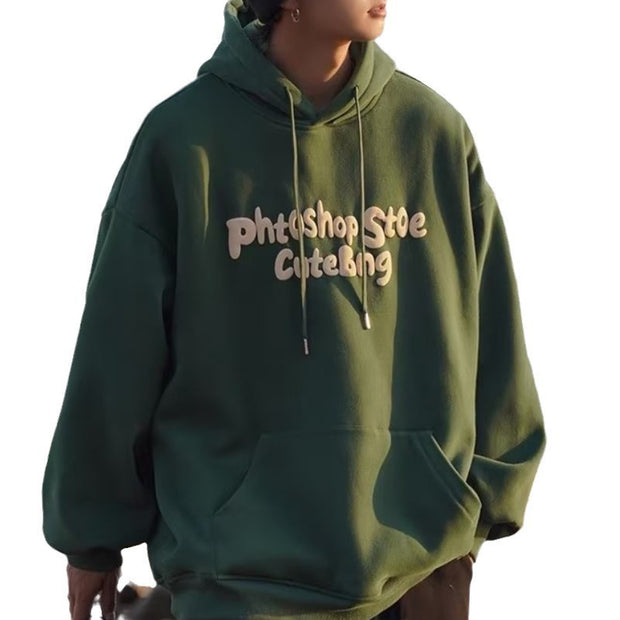 Dark green fleece-lined hooded sweatshirt with casual style and printed text, perfect for unisex fashion.