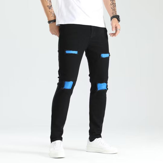 Ripped Skinny Men's Jeans with PatchesStyle Elastic Trendy Fashion Denim Pants