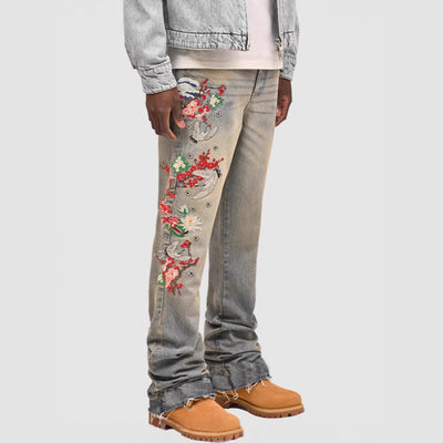 Men's Denim Straight Leg Jeans  Street Fashion INS Elastic Patchwork Denim Straight Leg Pants