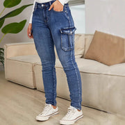 Women's Fashion Pleated Side Pocket Low Waist High Elastic Denim Pants Trendy Workwear Slim Fit Trousers