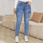 Women's Fashion Pleated Side Pocket Low Waist High Elastic Denim Pants Trendy Workwear Slim Fit Trousers