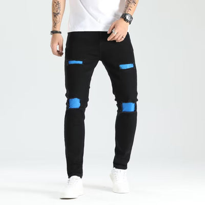 Ripped Skinny Men's Jeans with PatchesStyle Elastic Trendy Fashion Denim Pants