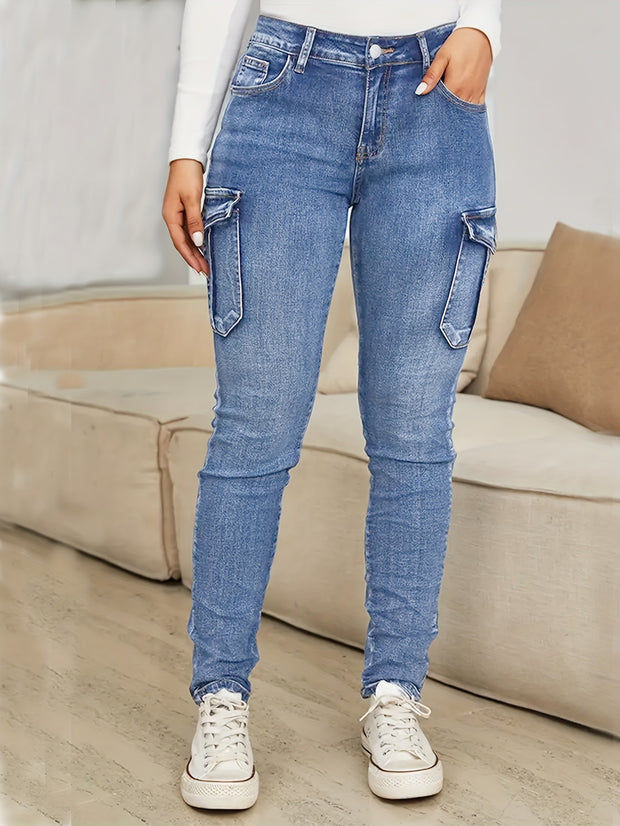 Women's Fashion Pleated Side Pocket Low Waist High Elastic Denim Pants Trendy Workwear Slim Fit Trousers