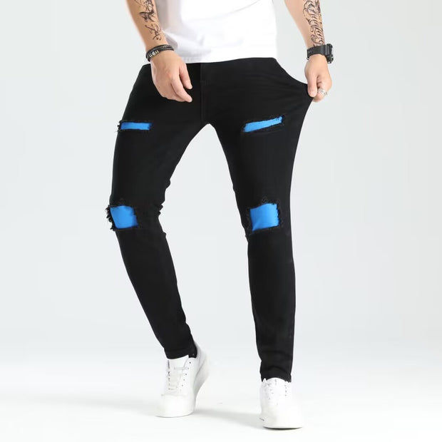 Ripped Skinny Men's Jeans with PatchesStyle Elastic Trendy Fashion Denim Pants