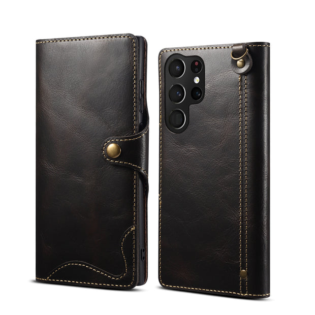 Samsung S22 Retro Leather Leather Case S24Ultra Phone Case Flip Cover S10+Card Insertion Leather Case Comes with Hand Rope
