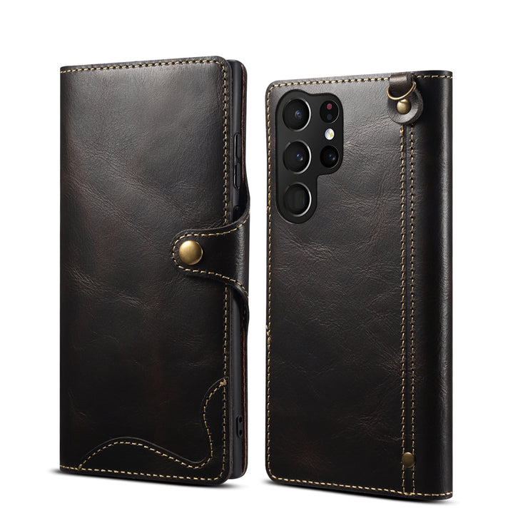 Samsung S22 Retro Leather Leather Case S24Ultra Phone Case Flip Cover S10+Card Insertion Leather Case Comes with Hand Rope