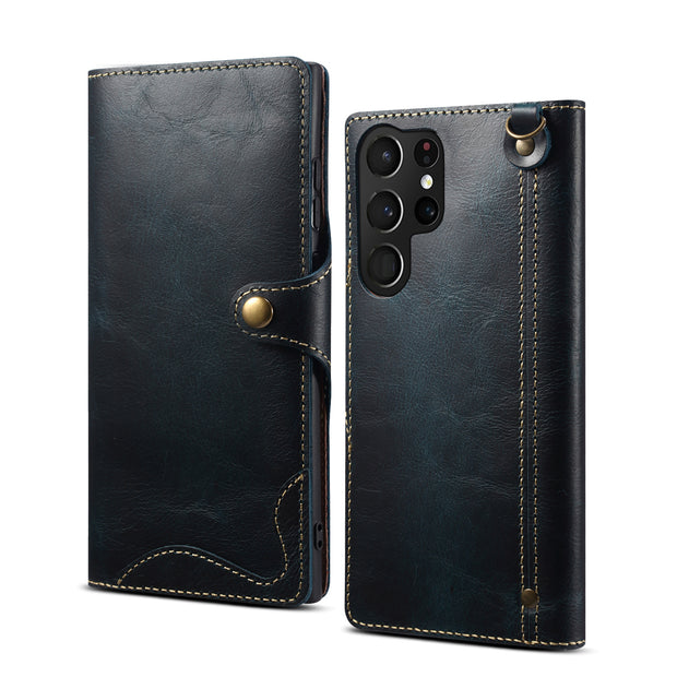 Samsung S22 Retro Leather Leather Case S24Ultra Phone Case Flip Cover S10+Card Insertion Leather Case Comes with Hand Rope
