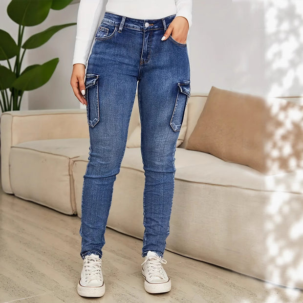 Women's Fashion Pleated Side Pocket Low Waist High Elastic Denim Pants Trendy Workwear Slim Fit Trousers