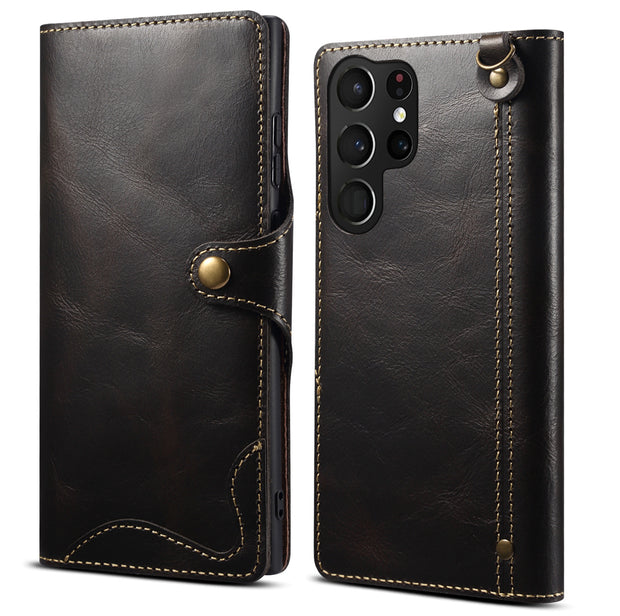 Samsung S22 Retro Leather Leather Case S24Ultra Phone Case Flip Cover S10+Card Insertion Leather Case Comes with Hand Rope