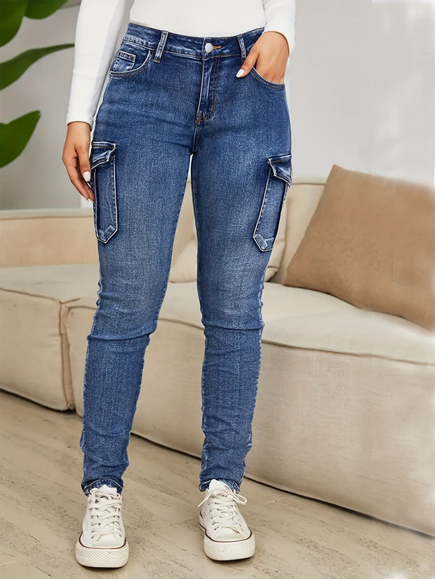 Women's Fashion Pleated Side Pocket Low Waist High Elastic Denim Pants Trendy Workwear Slim Fit Trousers