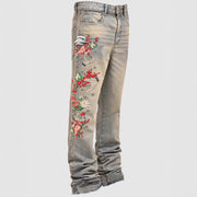 Men's Denim Straight Leg Jeans  Street Fashion INS Elastic Patchwork Denim Straight Leg Pants