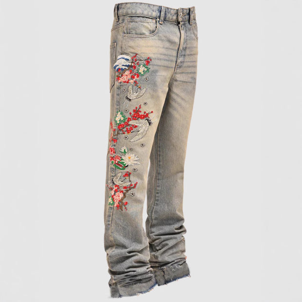 Men's Denim Straight Leg Jeans  Street Fashion INS Elastic Patchwork Denim Straight Leg Pants