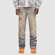 Men's Denim Straight Leg Jeans  Street Fashion INS Elastic Patchwork Denim Straight Leg Pants