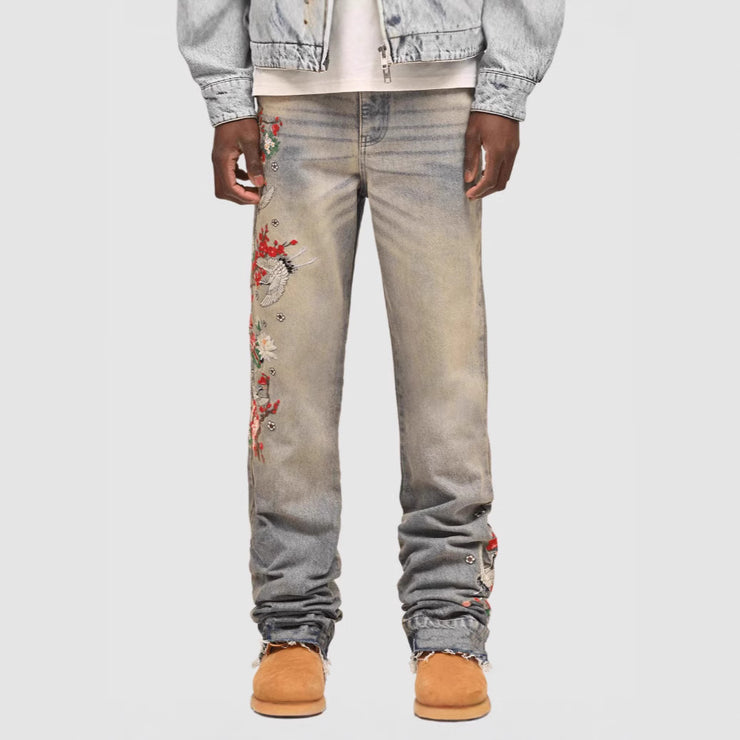 Men's Denim Straight Leg Jeans  Street Fashion INS Elastic Patchwork Denim Straight Leg Pants