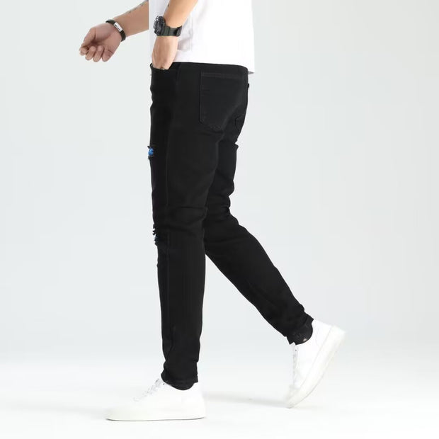 Ripped Skinny Men's Jeans with PatchesStyle Elastic Trendy Fashion Denim Pants