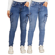 Women's Fashion Pleated Side Pocket Low Waist High Elastic Denim Pants Trendy Workwear Slim Fit Trousers