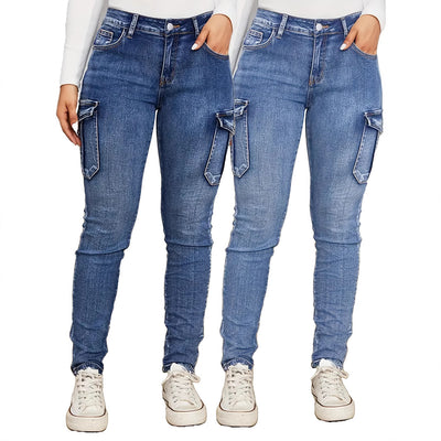 Women's Fashion Pleated Side Pocket Low Waist High Elastic Denim Pants Trendy Workwear Slim Fit Trousers