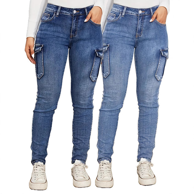Women's Fashion Pleated Side Pocket Low Waist High Elastic Denim Pants Trendy Workwear Slim Fit Trousers