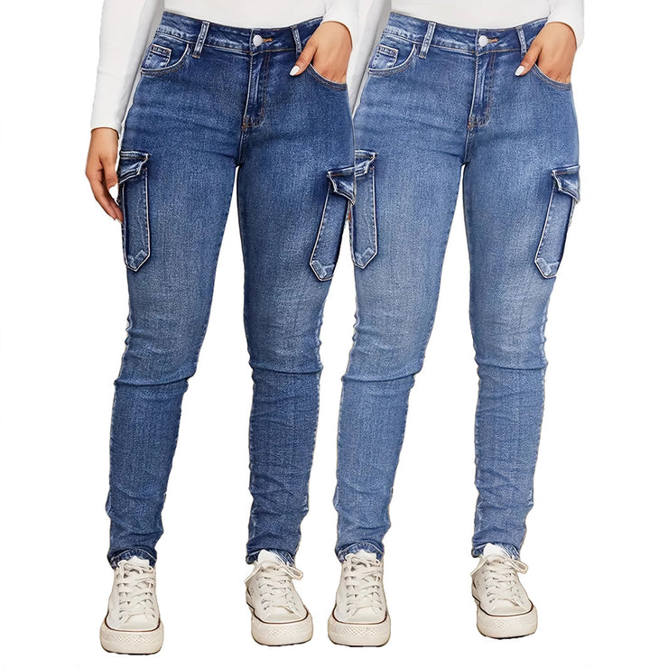 Women's Fashion Pleated Side Pocket Low Waist High Elastic Denim Pants Trendy Workwear Slim Fit Trousers